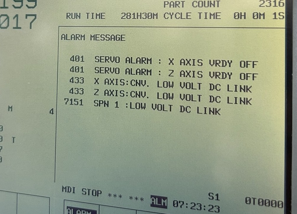 fanuc 401 vrdy off multiple axis alarm cnc screen