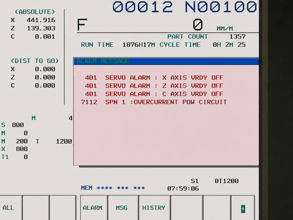 Pantalla de una máquina CNC FANUC mostrando la alarma 7112 SPN 1: OVERCURRENT POW CIRCUIT y errores de servo en los ejes X, Z y C.