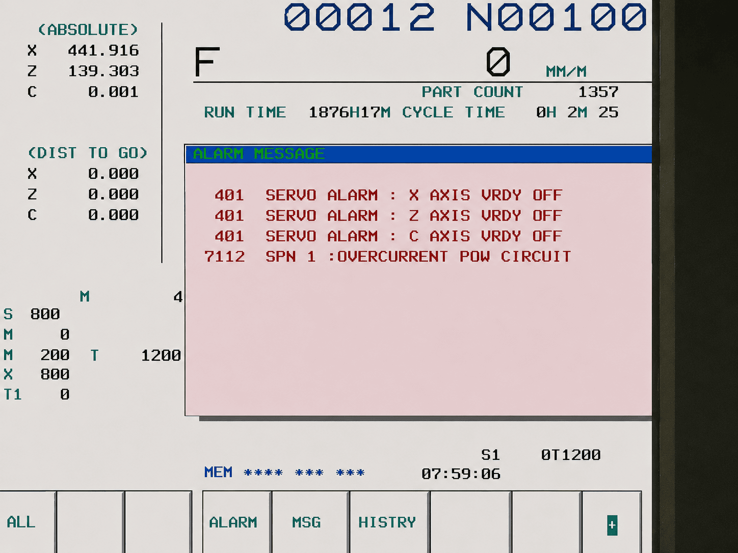 Pantalla de una máquina CNC FANUC mostrando la alarma 7112 SPN 1: OVERCURRENT POW CIRCUIT y errores de servo en los ejes X, Z y C.